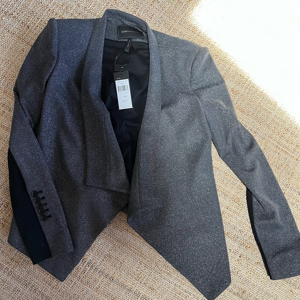 Glittery silver fitted BCBGMAXAZRIA blazer.
